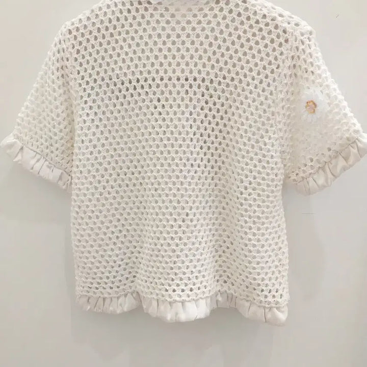 [BUNJANG] Floral Embroidered Short Sleeve Knit T-Shirt / 꽃 니트
