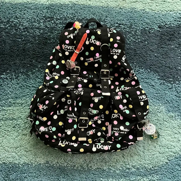 [BUNJANG] 00s Pastel Dot Mori Girl Y2K Backpack / 00s파스텔 멀티 블랙 도트 모리걸 y2k 백팩
