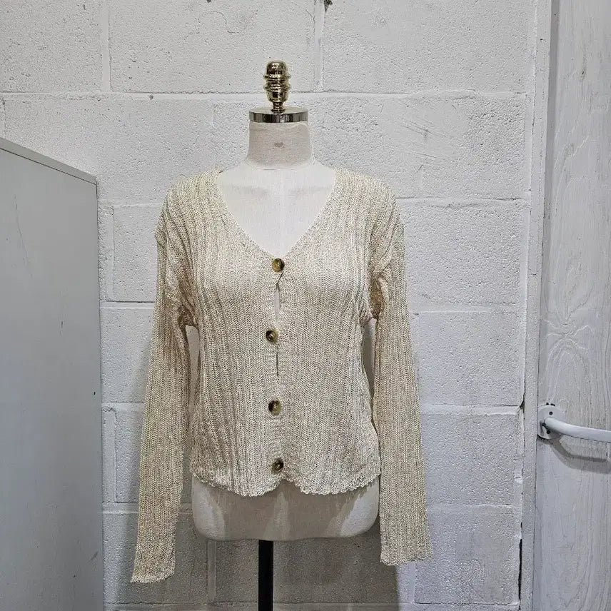 [BUNJANG] Vertical Ribbed Knit Long Sleeve Summer Cardigan - Beige / 니트 여름 가디건 세로골지 긴팔- 베이지