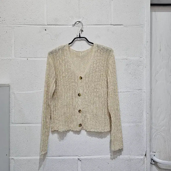 [BUNJANG] Vertical Ribbed Knit Long Sleeve Summer Cardigan - Beige / 니트 여름 가디건 세로골지 긴팔- 베이지