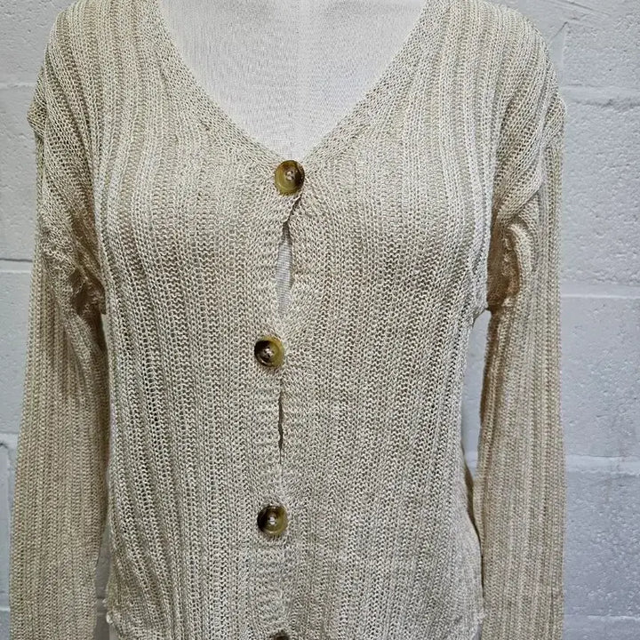 [BUNJANG] Vertical Ribbed Knit Long Sleeve Summer Cardigan - Beige / 니트 여름 가디건 세로골지 긴팔- 베이지