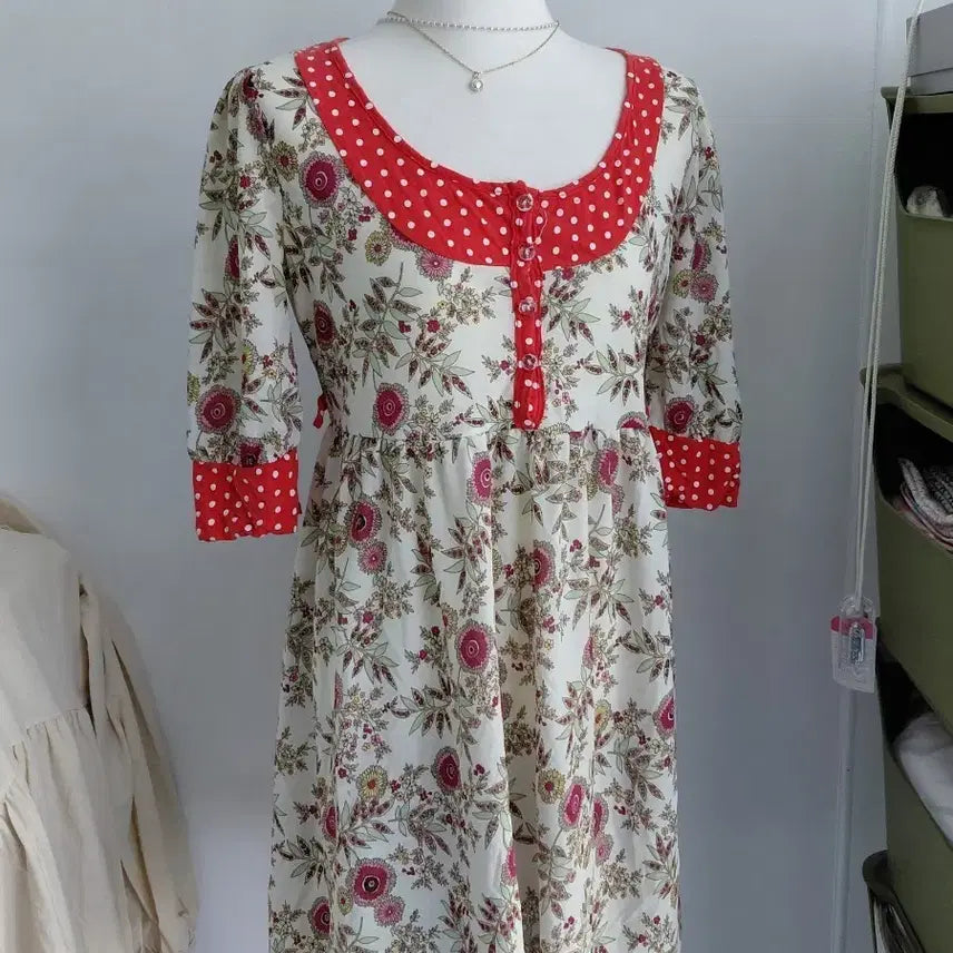 [BUNJANG] Vintage Red Dot Floral Pattern 3/4 Sleeve Dress / [빈티지] 플라워 패턴 레드 도트 원피스