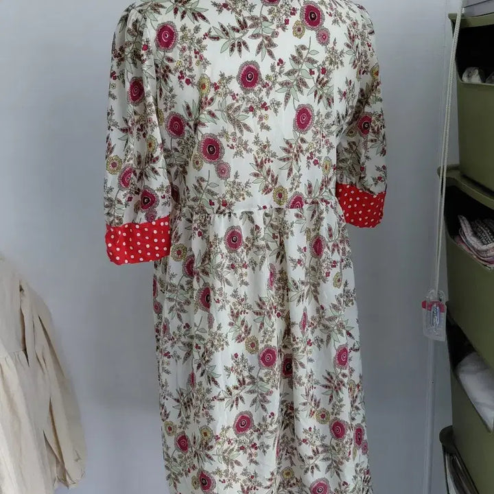 [BUNJANG] Vintage Red Dot Floral Pattern 3/4 Sleeve Dress / [빈티지] 플라워 패턴 레드 도트 원피스