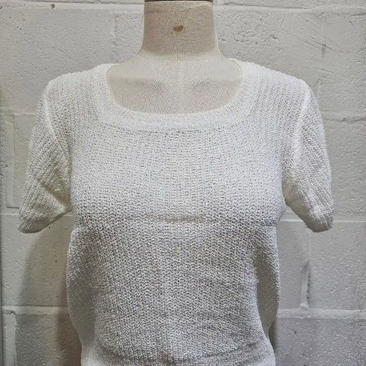 [BUNJANG] Round Neck Cropped Short Sleeve Knit Top - White / 여름니트 반크롭 둥근사각 반팔- 화이트