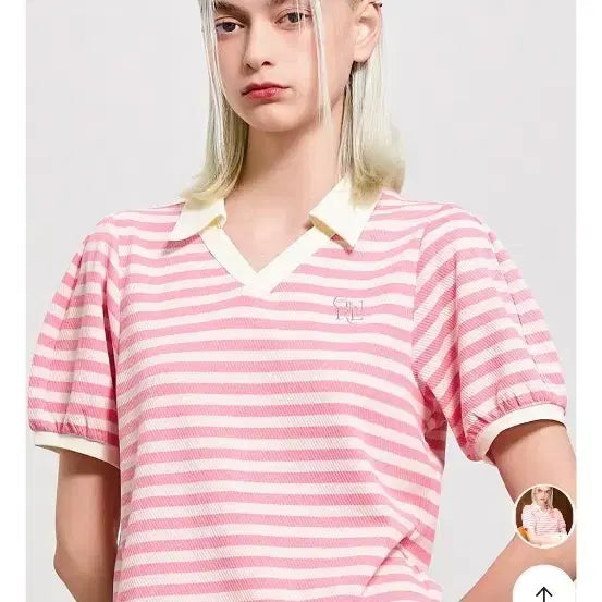 [BUNJANG] General Idea Striped Puff Sleeve T-Shirt Size S / 제너럴아이디어 오픈카라 스트라이프 퍼프티 s