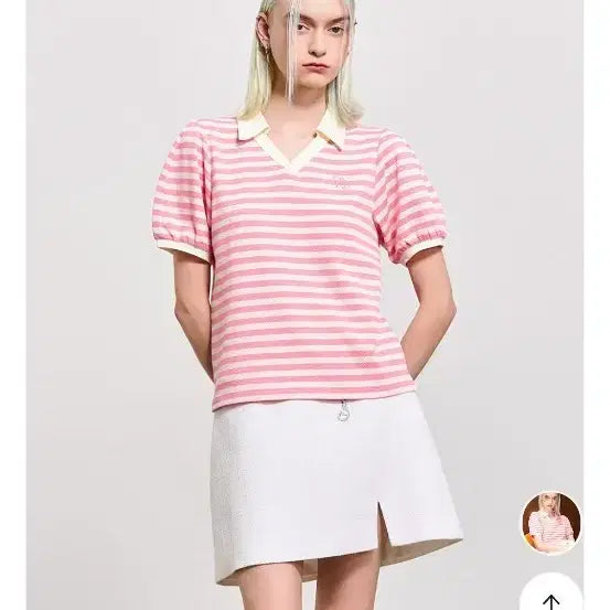 [BUNJANG] General Idea Striped Puff Sleeve T-Shirt Size S / 제너럴아이디어 오픈카라 스트라이프 퍼프티 s