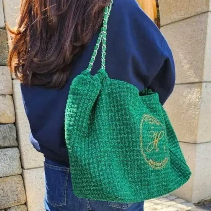 [BUNJANG] Hue Studio Ripa Bag Tweed Emerald Embroidery Chain Shoulder Bag / 휴스튜디오 리파백