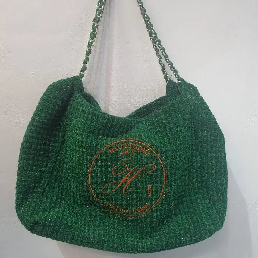 [BUNJANG] Hue Studio Ripa Bag Tweed Emerald Embroidery Chain Shoulder Bag / 휴스튜디오 리파백