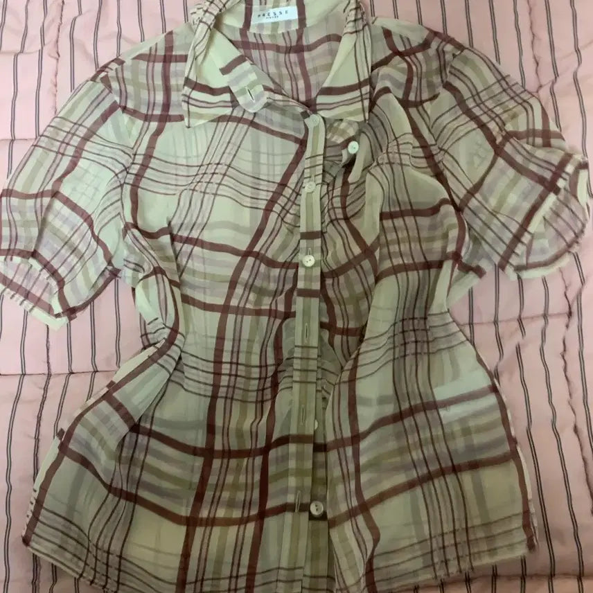 [BUNJANG] Japanese Vintage Goth-Goth See-Through Check Short-Sleeve Shirt Blouse / 일본빈티지 긱시크 시스루 체크 반팔 셔츠 블라우스
