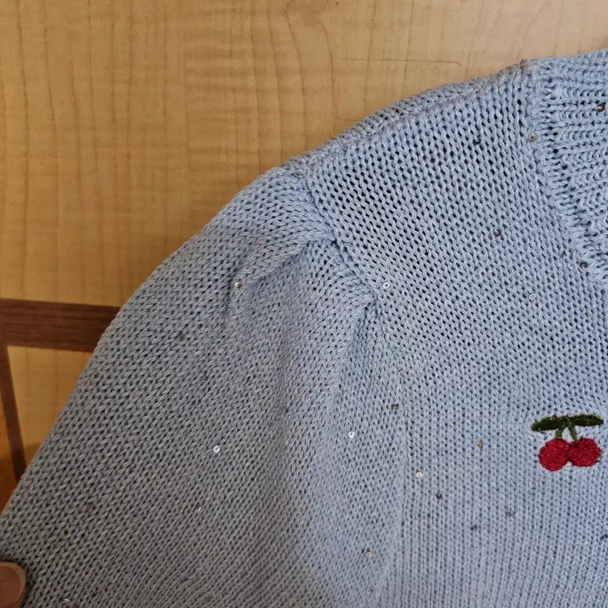 [BUNJANG] Cherry Embroidered Short Sleeve Knit - Sky Blue / 체리 자수 반팔 니트 하늘색