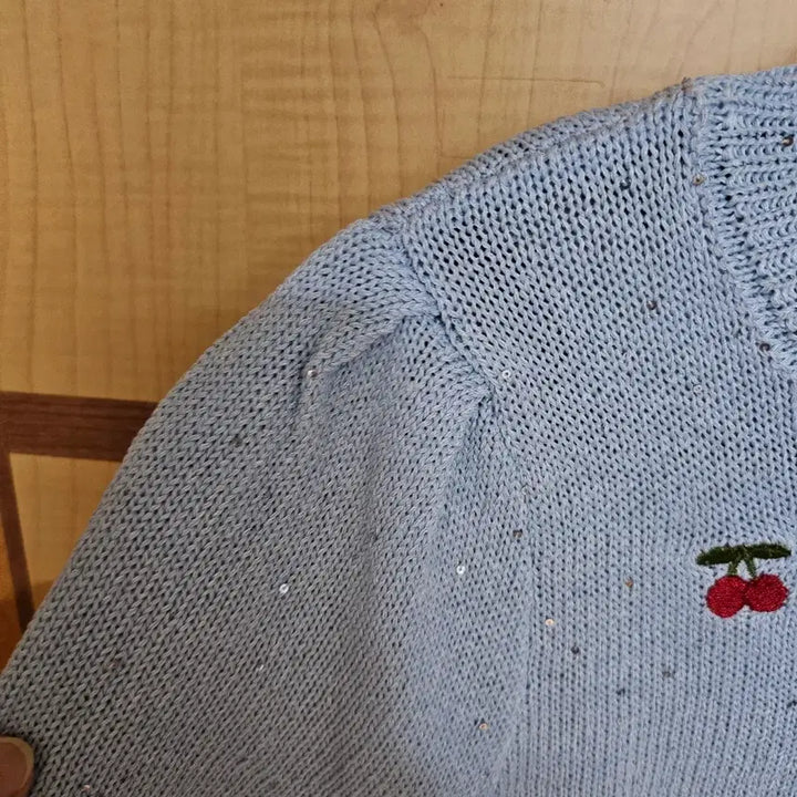 [BUNJANG] Cherry Embroidered Short Sleeve Knit - Sky Blue / 체리 자수 반팔 니트 하늘색