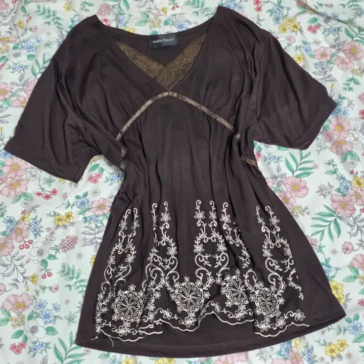 [BUNJANG] Brown Lace Embroidered Mori Girl Layered Short Sleeve / 일본빈티지)브라운 레이스자수 모리걸 라떼갸루 레이어드 반팔슬리브