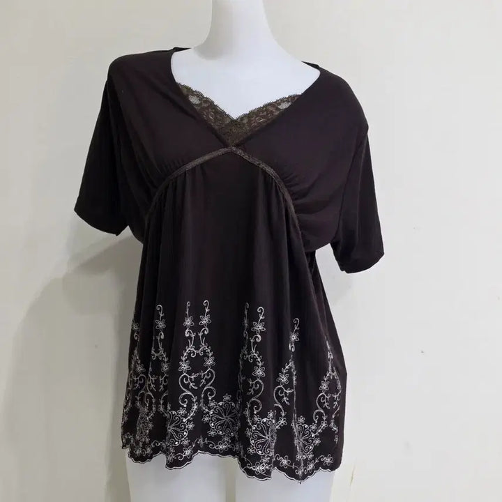 [BUNJANG] Brown Lace Embroidered Mori Girl Layered Short Sleeve / 일본빈티지)브라운 레이스자수 모리걸 라떼갸루 레이어드 반팔슬리브