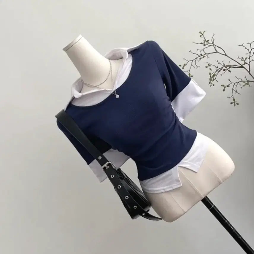 [BUNJANG] Layered Short Sleeve T-Shirt / 일체형 셔츠 레이어드 반팔 티셔츠