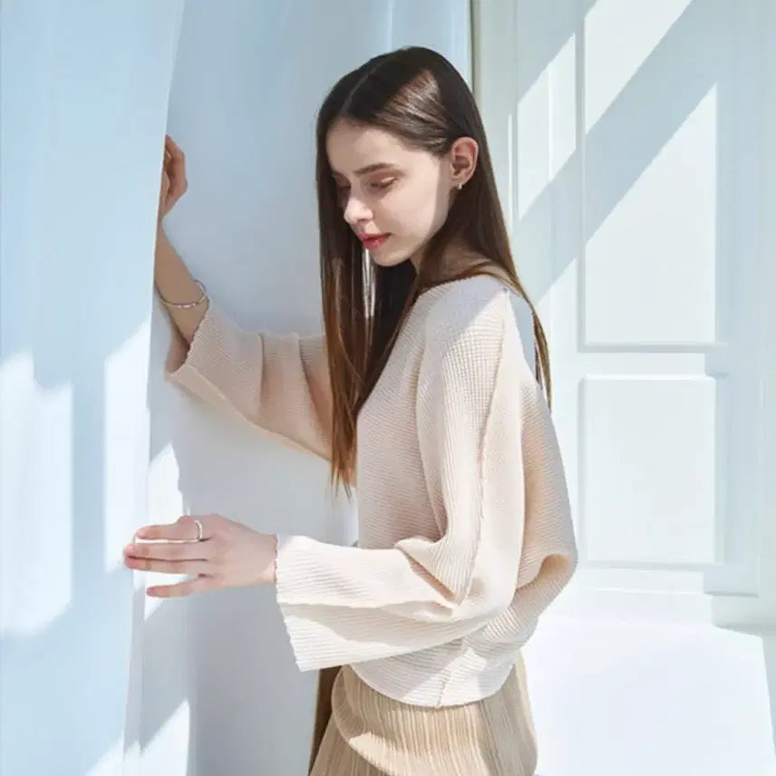 [BUNJANG] Jade Mong Waffle Cropped 3/4 Sleeve Top Yogurt F / 제이드몽 와플 크롭 칠부탑 요구르트 F