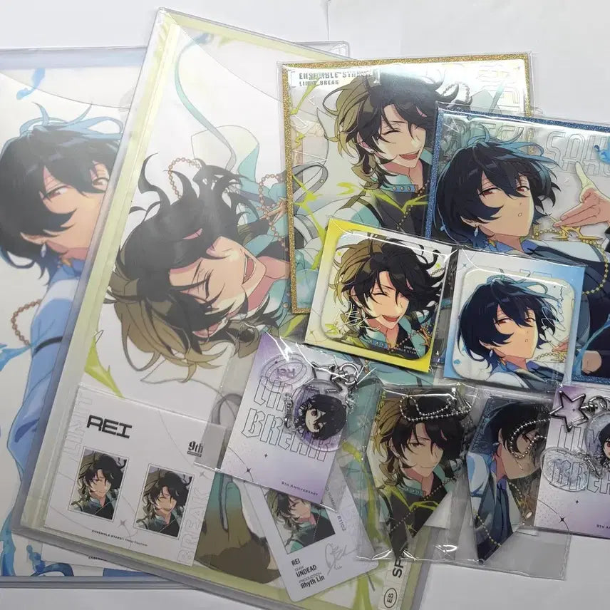[BUNJANG] Ensemble Stars Sakuma Ray Rei &amp; Sakuma Rinne 9th Anniversary Color Board Badges &amp; Keyrings Set / 앙스타 사쿠마 레이 리츠 중스타 9주년 폴더 색지 뱃지 키링