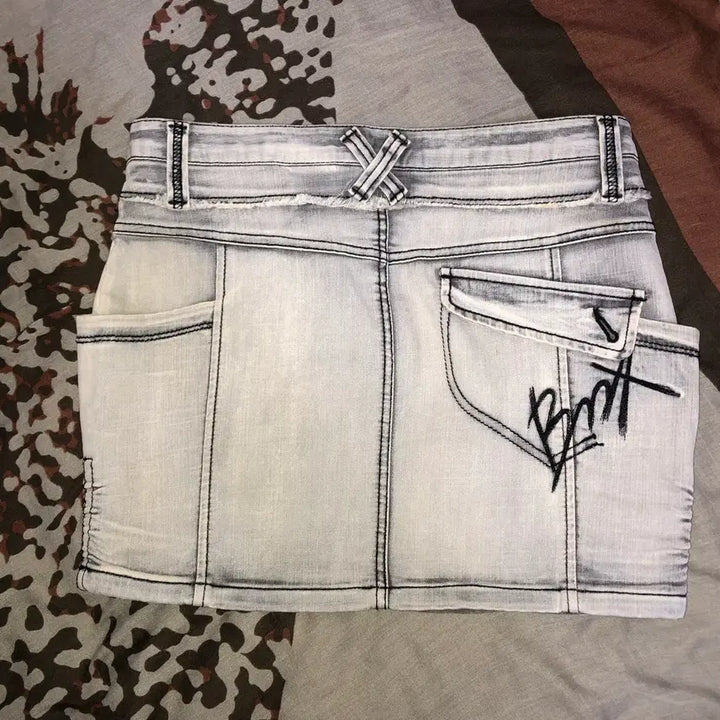 [BUNJANG] Vintage BNX White Denim Shirring Stitch Mini Skirt / 빈티지 bnx 화이트 진 셔링 스티치 미니 스커트