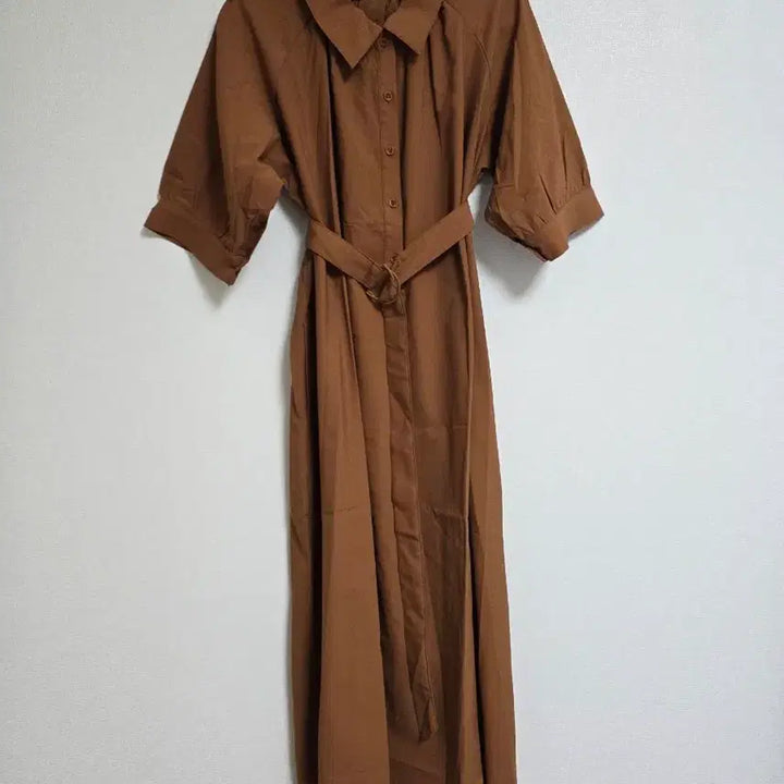 [BUNJANG] Brown Shirt Long Dress with Belt / 브라운 셔츠 벨트 롱 원피스
