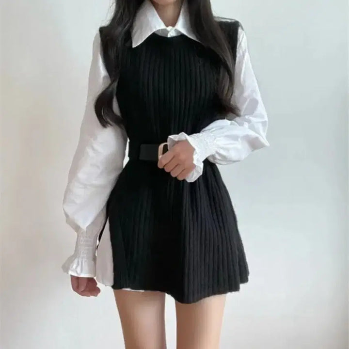 [BUNJANG] Knit Vest Shirt Layered Belt Set Dress / 니트 조끼 셔츠 레이어드 벨트 세트 원피스