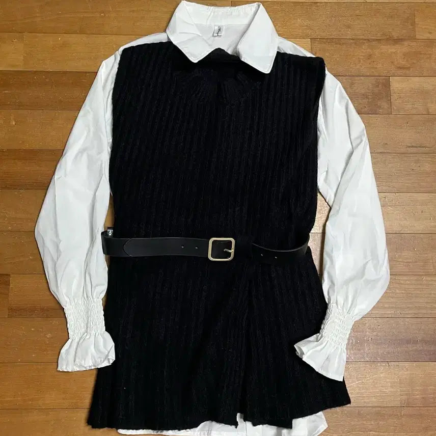 [BUNJANG] Knit Vest Shirt Layered Belt Set Dress / 니트 조끼 셔츠 레이어드 벨트 세트 원피스