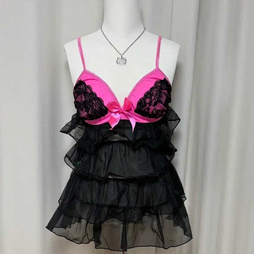 [BUNJANG] Black Pink Lace Ruffle Camisole / 블랙 핑크 레이스 리본 캉캉 슬리브리스 나시 오네 갸루 고스 로리 마즈