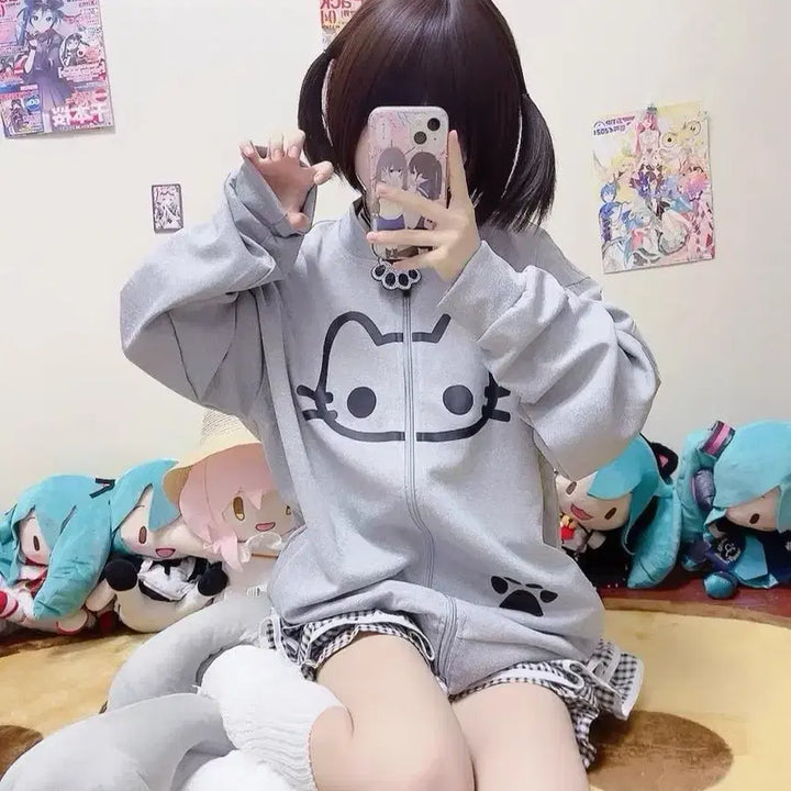 [BUNJANG] Subculture Grey Cat Face Oversized Zip-Up Hoodie / 서브컬처 그레이 고양이 얼굴 오버핏 집업 후드집업
