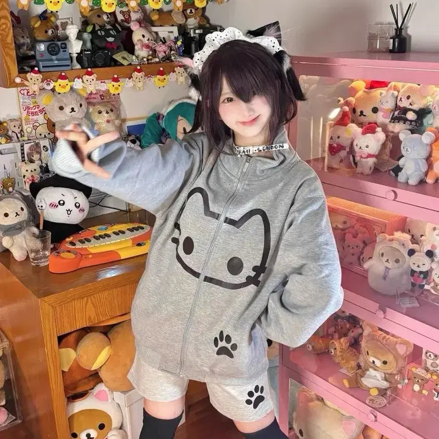 [BUNJANG] Subculture Grey Cat Face Oversized Zip-Up Hoodie / 서브컬처 그레이 고양이 얼굴 오버핏 집업 후드집업