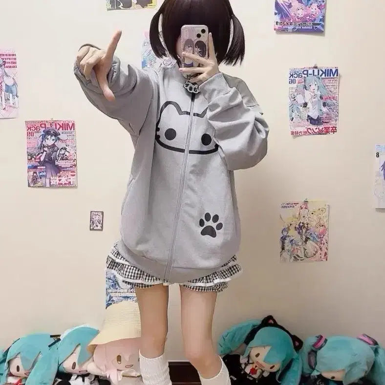 [BUNJANG] Subculture Grey Cat Face Oversized Zip-Up Hoodie / 서브컬처 그레이 고양이 얼굴 오버핏 집업 후드집업