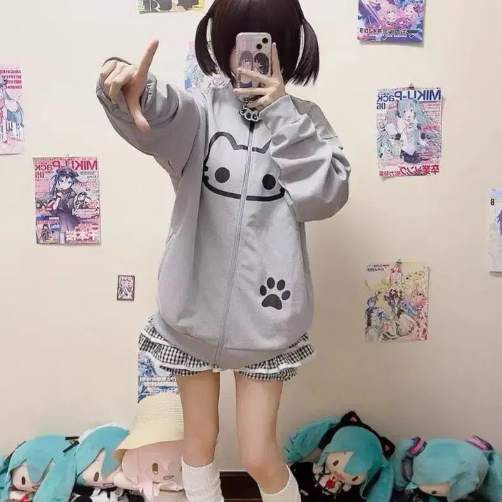 [BUNJANG] Subculture Grey Cat Face Oversized Zip-Up Hoodie / 서브컬처 그레이 고양이 얼굴 오버핏 집업 후드집업