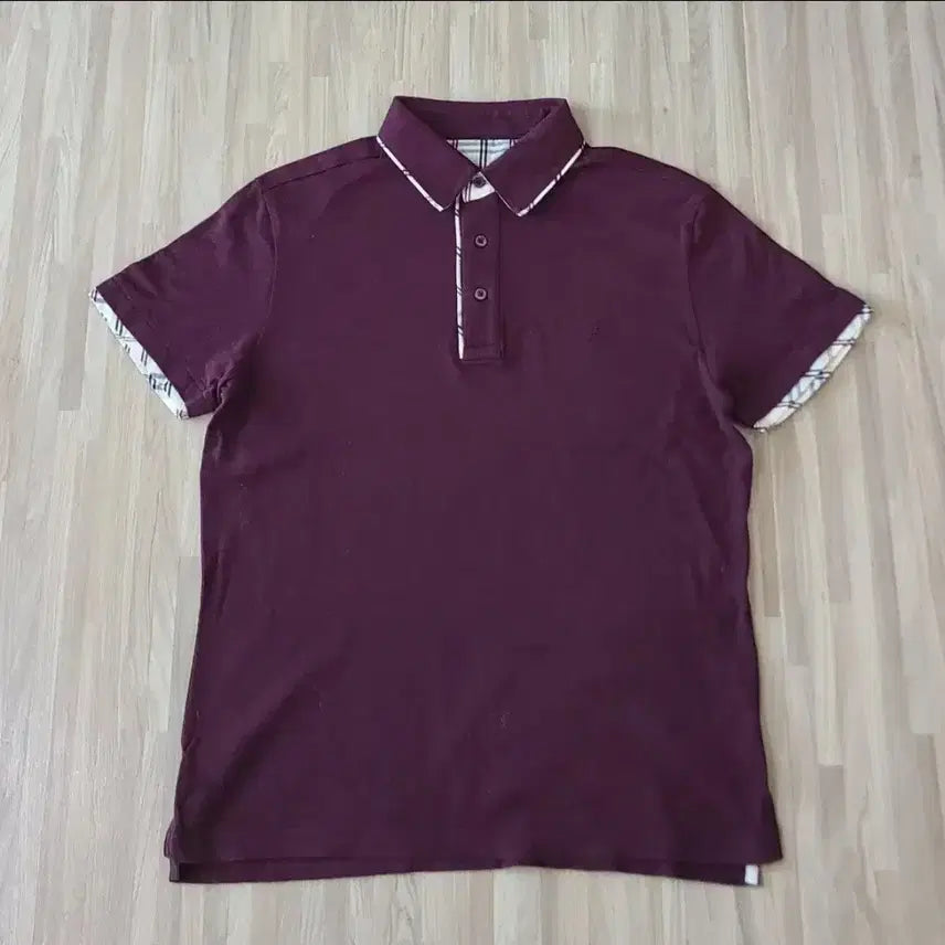 [BUNJANG] Beanpole Burgundy Check Contrast Short Sleeve Polo Shirt Size 95 / 95) 빈폴 버건디 체크 배색 반팔 카라티