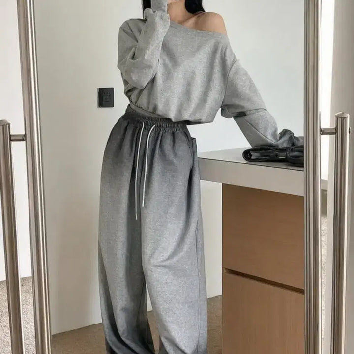 [BUNJANG] Gray Off-Shoulder Training Set / 회색 오프숄더 트레이닝복 세트 새상품