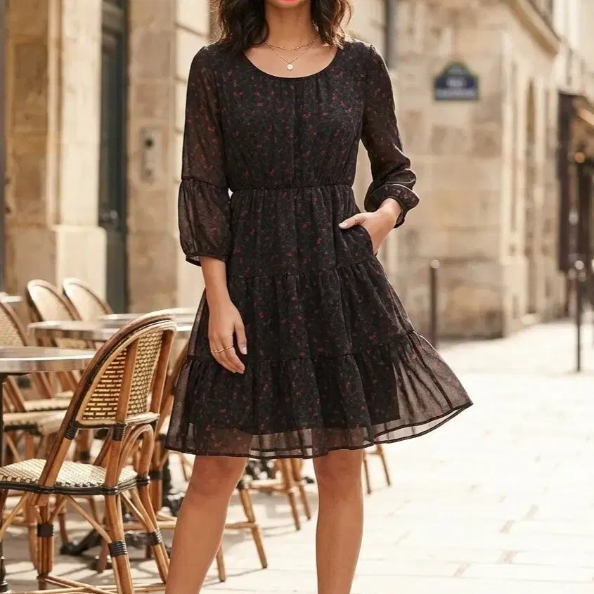 [BUNJANG] SOUP Flower Pattern Black Chiffon Mini Dress / SOUP 플라워 패턴 블랙 쉬폰 미니 원피스