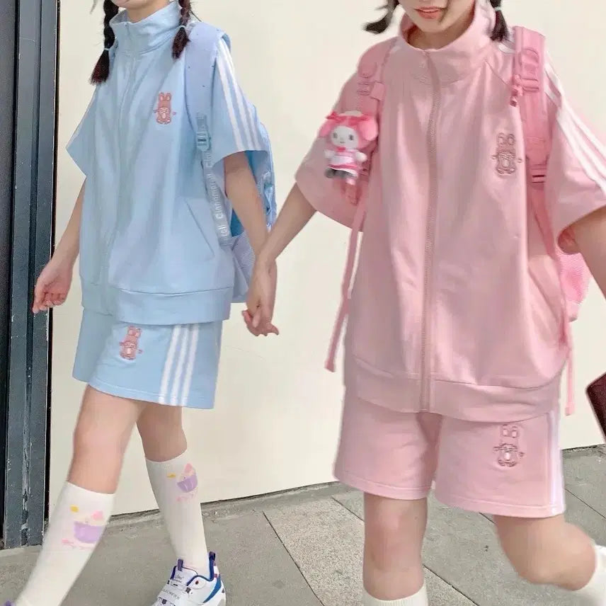 [BUNJANG] Subculture Bunny Embroidery Short Sleeve Zip-up Training Set / 서브컬처 토끼 자수 반팔 집업 트레이닝복 세트(2컬러)