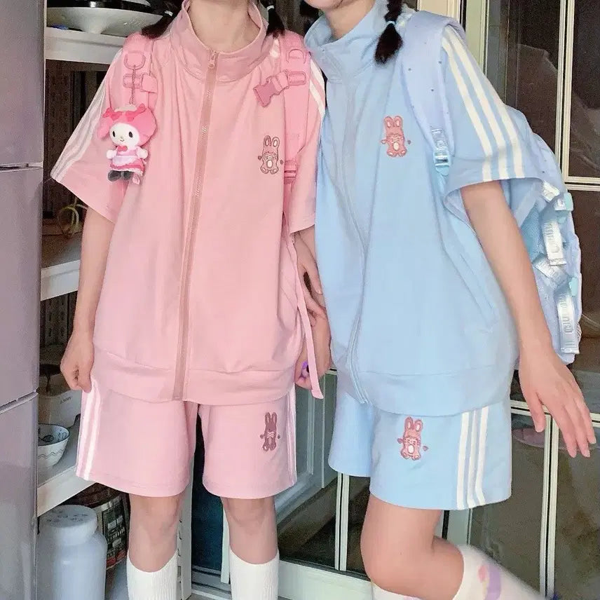 [BUNJANG] Subculture Bunny Embroidery Short Sleeve Zip-up Training Set / 서브컬처 토끼 자수 반팔 집업 트레이닝복 세트(2컬러)