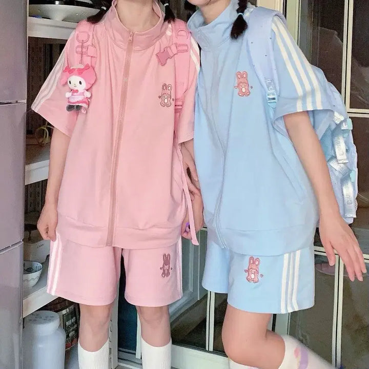 [BUNJANG] Subculture Bunny Embroidery Short Sleeve Zip-up Training Set / 서브컬처 토끼 자수 반팔 집업 트레이닝복 세트(2컬러)