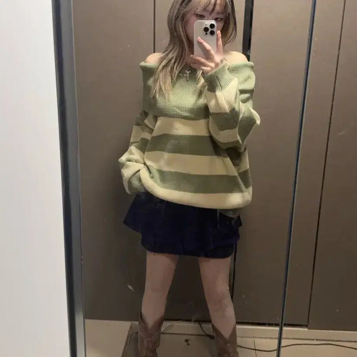 [BUNJANG] Vintage Mint Stripe Off-Shoulder Knit Top &amp; Blue Short Skirt Co-ord Set / 빈티지 청순 여리 민트 코디 세트