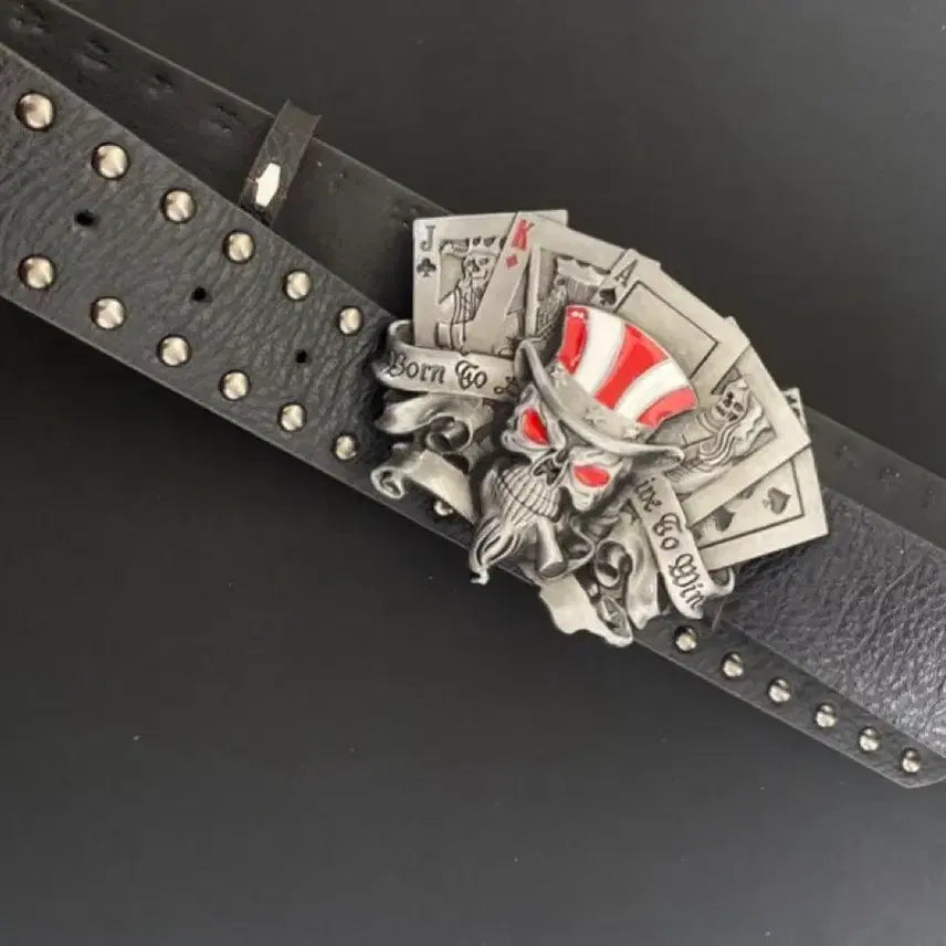 [BUNJANG] Skull Card Emblem Studded Leather Belt / 스컬 카드 엠블럼 스터드 벨트