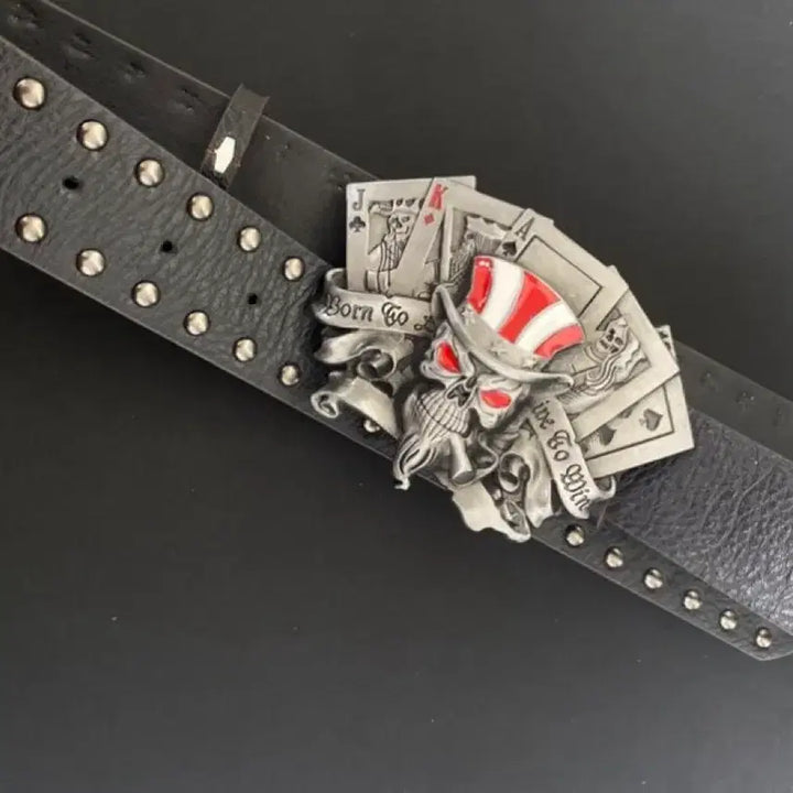 [BUNJANG] Skull Card Emblem Studded Leather Belt / 스컬 카드 엠블럼 스터드 벨트