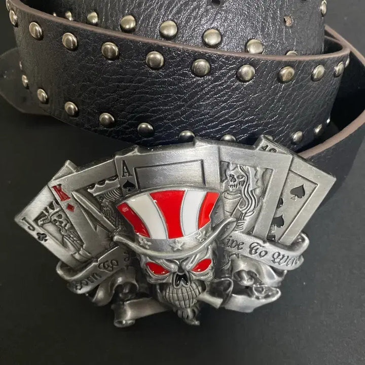 [BUNJANG] Skull Card Emblem Studded Leather Belt / 스컬 카드 엠블럼 스터드 벨트