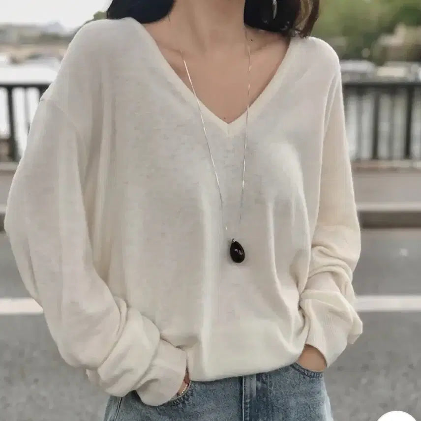 [BUNJANG] Slowand Bern Deep V-Neck Knit Ivory / 슬로우앤드 베른 여리핏 딥브이넥 니트 아이보리