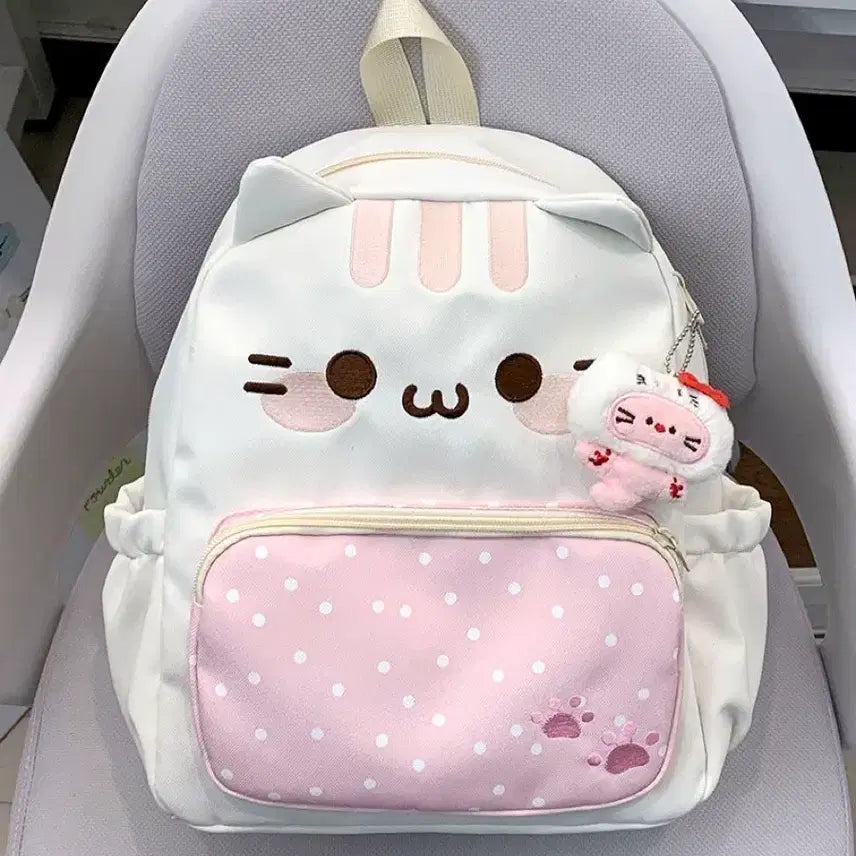 [BUNJANG] Cat Face Embroidered Dot Pocket Nylon Backpack / 고양이 얼굴 자수 도트 포켓 나일론 백팩 데일리룩 가방(2컬러)