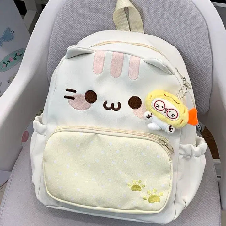 [BUNJANG] Cat Face Embroidered Dot Pocket Nylon Backpack / 고양이 얼굴 자수 도트 포켓 나일론 백팩 데일리룩 가방(2컬러)