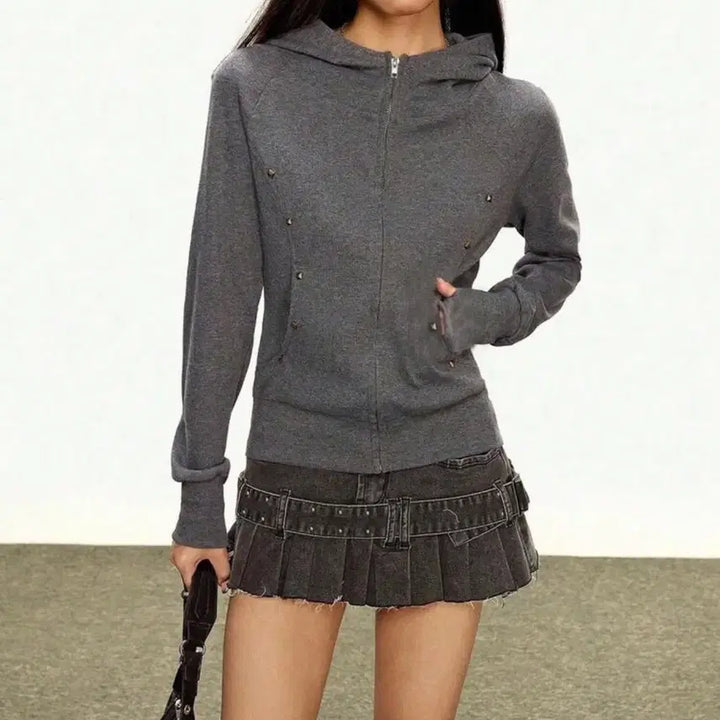 [BUNJANG] Unisex Charcoal Studded Hoodie Zip-Up / 차콜 찡 후드집업