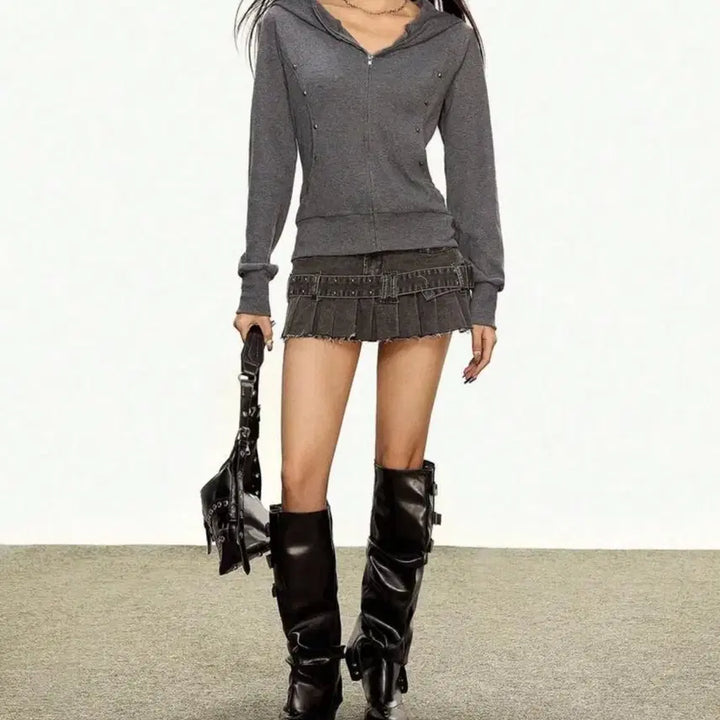 [BUNJANG] Unisex Charcoal Studded Hoodie Zip-Up / 차콜 찡 후드집업