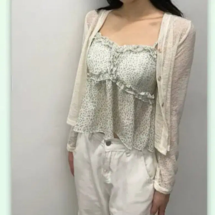 [BUNJANG] Mint Green Camisole Cardigan Set / 연두색 뷔스티에 가디건 세트