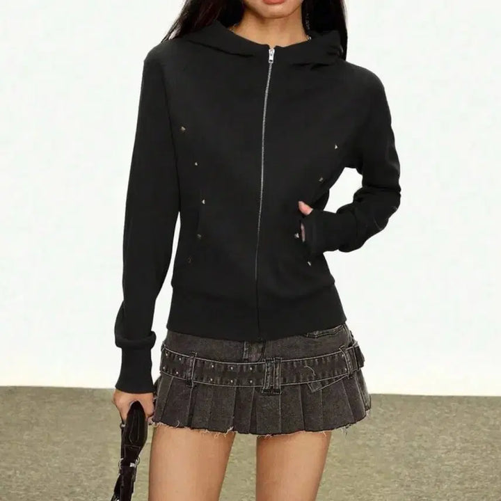 [BUNJANG] Black Studded Layered Hoodie Zip-Up / 후드 집업 블랙 찡 레이어드