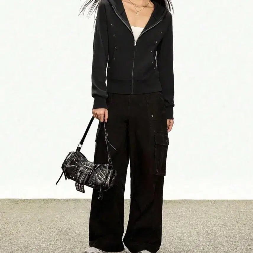 [BUNJANG] Black Studded Layered Hoodie Zip-Up / 후드 집업 블랙 찡 레이어드