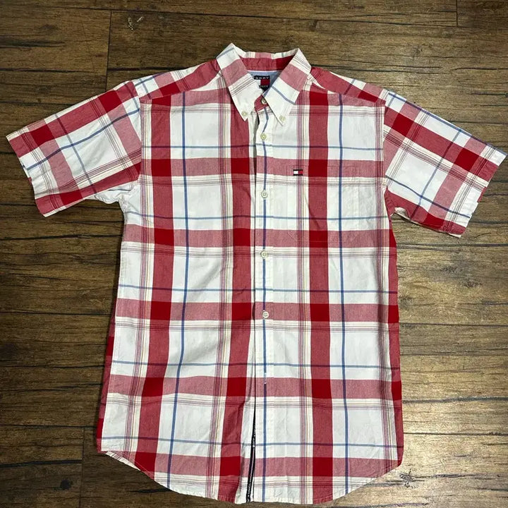 [BUNJANG] Tommy Hilfiger Red Check Cotton Short Sleeve Button-Down Shirt / 타미힐피거 체크 반팔 셔츠 95