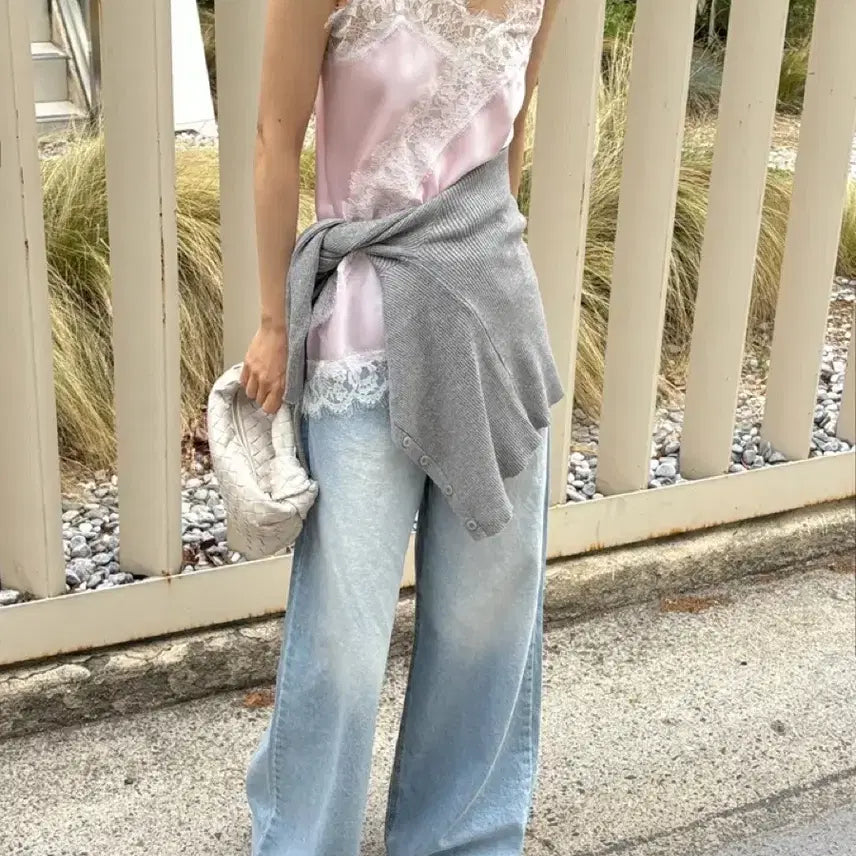 [BUNJANG] Lace Trimmed Silk Satin Camisole Blouse / 레이스 슬립 실크 새틴 여성 여름 레이어드 뷔스티에 끈나시 블라우스