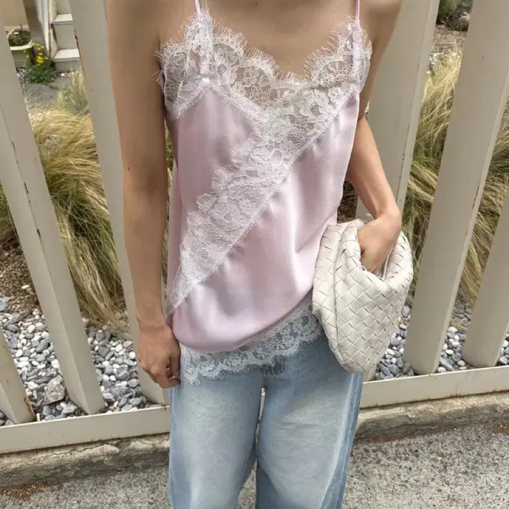 [BUNJANG] Lace Trimmed Silk Satin Camisole Blouse / 레이스 슬립 실크 새틴 여성 여름 레이어드 뷔스티에 끈나시 블라우스